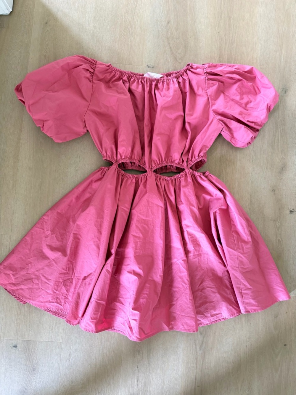 Girls Pink Puff-Sleeve Dress with Waist Cutouts